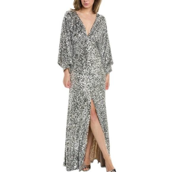 Sachin + Babi Size 2 NWD Sequin Gabby Glitter Long Sleeve V Neck Gown NWT Flaw - Picture 2 of 11